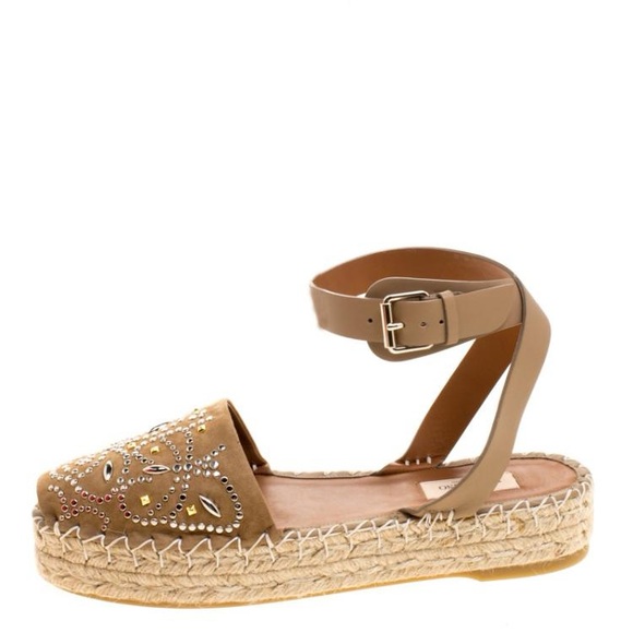 Valentino Garavani Shoes - Valentino Garavani Brown Suede Peep Toe Ankle Strap Platform Espadrilles size 40